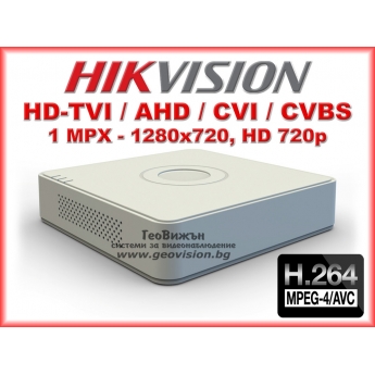 8 канален бюджетен цифров видеорекордер HIKVISION DS-7108HGHI-F1. Поддържа 8 HD-TVI/AHD/CVI камери до 1 мегапиксел или 8 аналогови камери