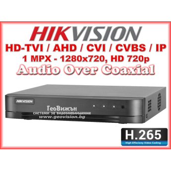 8 канален професионален цифров видеорекордер HIKVISION DS-7208HGHI-K1(S). Поддържа 8 HD-TVI камери до 1 MPX с H.265 компресия + 2 IP камери до 5 MPX. С Audio Over Coaxial технология