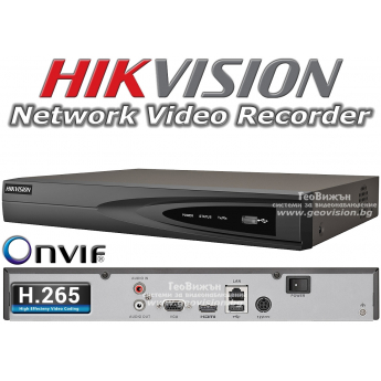 4 канален професионален IP мрежов видеорекордер/сървър (NVR) HIKVISION: DS-7604NI-K1(C). Поддържа 4 мрежови IP камери до 8 MPX. H.265+/H.265 компресия