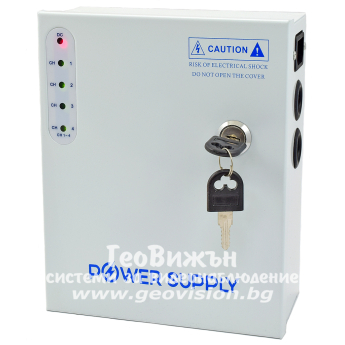 4 канален захранващ блок с метална кутия: CV-PSU-DC120405B. DC12V, 5 Amp /60 W/, 4 изхода със самовъзстановяващи се предпазители по 1.25 Аmp /15 Watt/ всеки и LED индикация. Опция за акумул. батерия