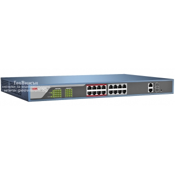 HIKVISION DS-3E1318P-E: Управляем 18 портов суич с 16 x 10/100 Mbps PoE порта + 2 x 1 Gbps uplink порта + 2 SFP, до 30 W на порт. Общ PoE капацитет 230 W