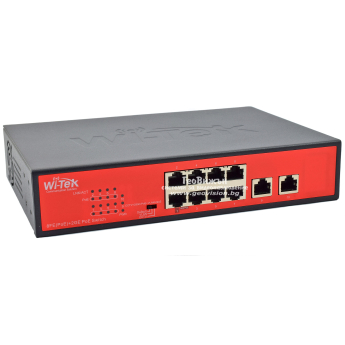 Wi-Tek WI-PS210G: 10 портов суич с 8 x 10/100 Mbps PoE порта + 2 x 1 Gbps uplink порта. Hi-PoE до 60W на порт 1. До 30 W на портове 2-8. Общ PoE капацитет 120 W