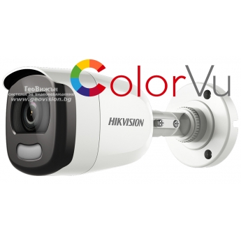 HD-TVI/AHD/CVI/CVBS камера HIKVISION DS-2CE10DFT-F: 2 мегапиксела 1920x1080 px. Обектив: фиксиран 3.6 mm. С вградено бяло LED осветление до 20 метра ColorVu и Ultra Low Light технология