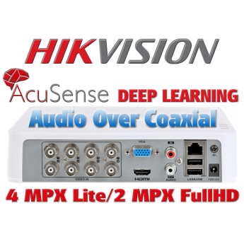 8 канален бюджетен AcuSense цифров видеорекордер HIKVISION iDS-7108HQHI-M1/S(C). Поддържа 8 HD-TVI камери до 4 MPX + 4 IP камери до 6 MPX. С Audio Over Coaxial