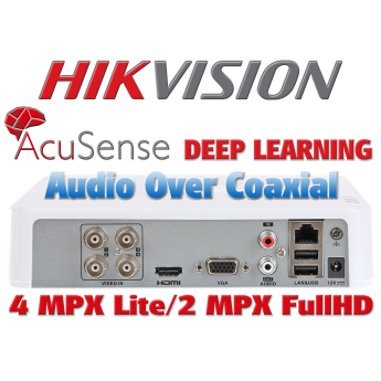 4 канален бюджетен AcuSense цифров видеорекордер HIKVISION iDS-7104HQHI-M1/S(C). Поддържа 4 HD-TVI камери до 2 MPX + 2 IP камери до 6 MPX. С Audio Over Coaxial