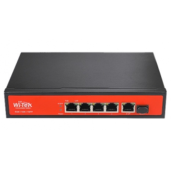 Wi-Tek WI-PS305GF: 6 портов суич с 4 x 10/100/1000 Mbps PoE порта + 1 x 10/100/1000 Mbps uplink порта + 1 x 10/100/1000 Mbps SPF uplink оптичен порт, до 30 W на порт. Общ PoE капацитет 65 W