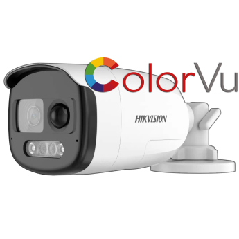 HD-TVI/AHD/CVI/CVBS корпусна камера HIKVISION DS-2CE12DF3T-PIRXOS: 2 MPX 1920x1080. ColorVu технология с бяло LED осветление до 40 метра, микрофон, алармена светлина, PIR сензор, сирена, обектив 3.6mm