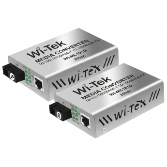 Медиа конвертор за пренос на Ethernet по оптичен кабел до 20 км Wi-Tek: WI-MC101G. 1 х 1000 Mbps Ethernet порт RJ45 + 1 x 1000 Mbps Fiber optic порт (SC). Комплект приемник и предавател