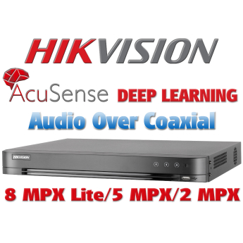4 канален професионален AcuSense цифров видеорекордер HIKVISION iDS-7204HUHI-M1/S(C). Поддържа 4 HD-TVI камери до 8 MPX + 4 IP камери до 8 MPX. С Audio Over Coaxial