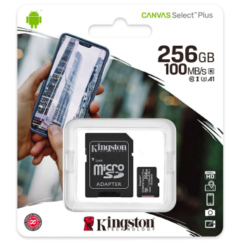 MicroSDHC карта памет: Kingston 256 GB Canvas Select Plus със SD адаптер. Class 10  UHS U3, скорост на четене 100 MB/s, скорост на запис 85 MB/s