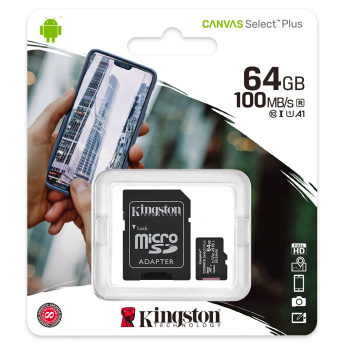 MicroSDHC карта памет: Kingston 64 GB Canvas Select Plus със SD адаптер. Class 10  UHS U1, скорост на четене 100 MB/s, скорост на запис 10 MB/s