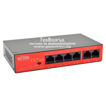 Wi-Tek WI-PS205H: 6 портов суич с 4 x 10/100 Mbps PoE порта + 2 x 10/100 Mbps uplink порта. До 30 W на порт 1-4. Общ PoE капацитет 35 W